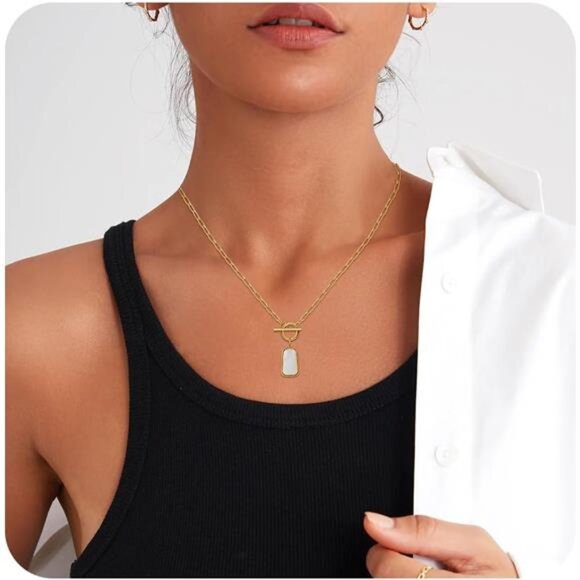 18K Gold-Plated White Seashell Pendant Necklace | OT Buckle Long Plate Design - Picture 3 of 4